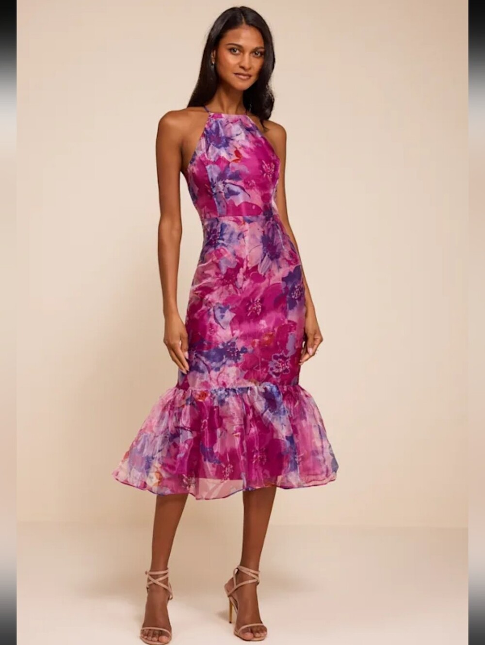 Lulus Admirable Essence Magenta Floral Organza Trumpet Midi Dress